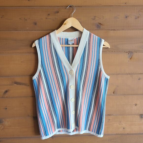 Vintage Diane Crylor 70's Stripe Retro Pastel Bowler Vest Cardigan 42 XL Top - Picture 1 of 4